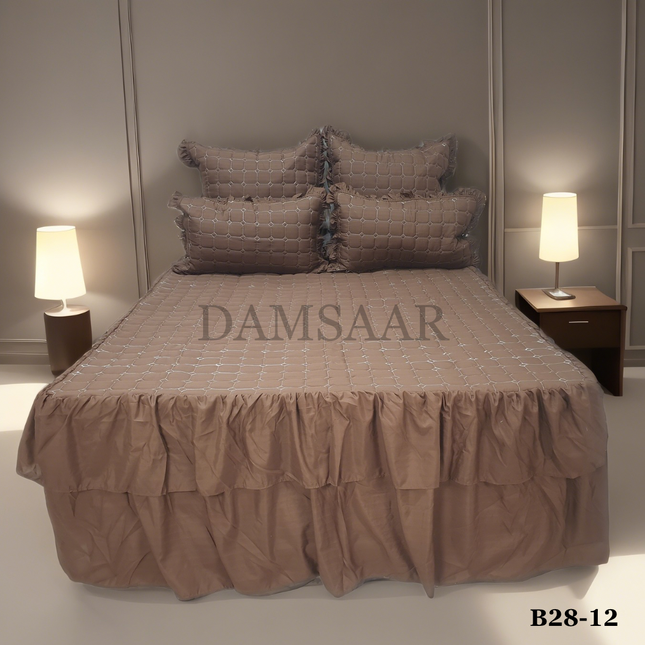 B28 - Queen 5pc Bedspread Double Frill - Stripe 90gsm - Dyed - Clearance