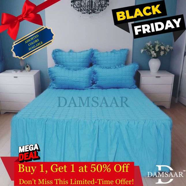 B14 - Queen 5pc Bedspread Big Frill - Dyed - Pillows Frilled - 90gsm - Promotion
