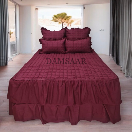 B8 - Queen 5pc Bedspread Double Frilled Biscuit Design - Microfiber - Dyed