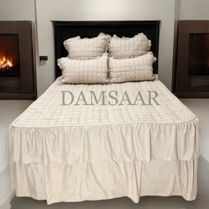 B8 - Queen 5pc Bedspread Double Frilled Biscuit Design - Microfiber - Dyed