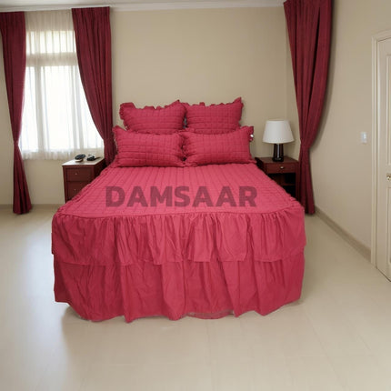 B8 - Queen 5pc Bedspread Double Frilled Biscuit Design - Microfiber - Dyed