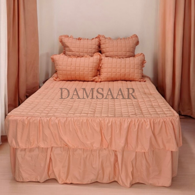 B8 - Queen 5pc Bedspread Double Frilled Biscuit Design - Microfiber - Dyed