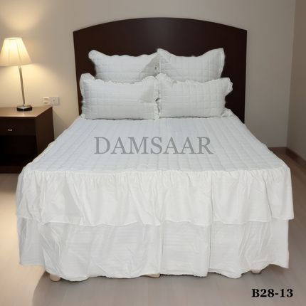 B28 - Queen 5pc Bedspread Double Frill - Stripe 90gsm - Dyed - Clearance