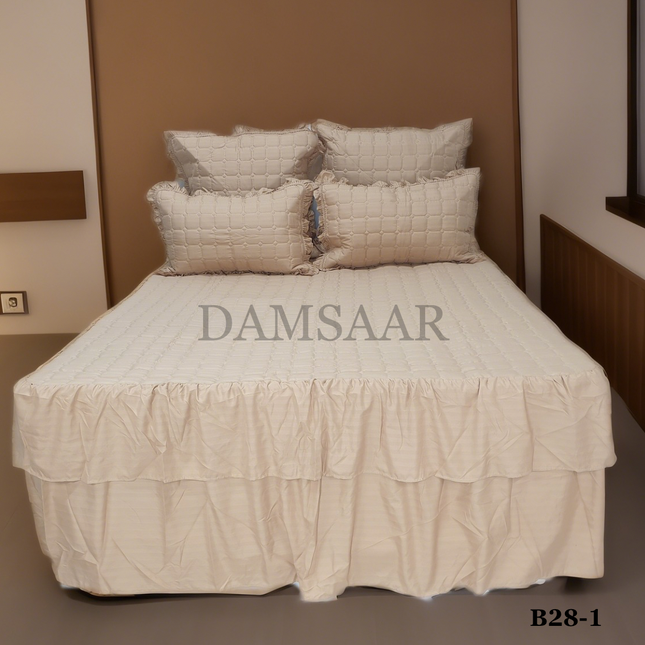 B28 - Queen 5pc Bedspread Double Frill - Stripe 90gsm - Dyed - Clearance