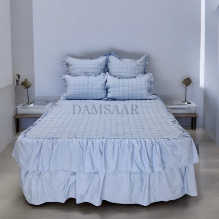 B8 - Queen 5pc Bedspread Double Frilled Biscuit Design - Microfiber - Dyed