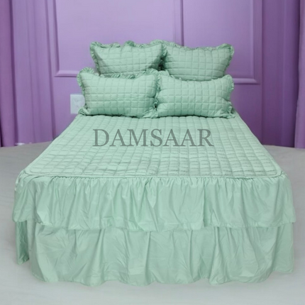 B8 - Queen 5pc Bedspread Double Frilled Biscuit Design - Microfiber - Dyed
