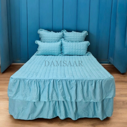 B8 - Queen 5pc Bedspread Double Frilled Biscuit Design - Microfiber - Dyed