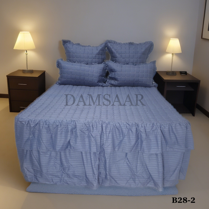 B28 - Queen 5pc Bedspread Double Frill - Stripe 90gsm - Dyed - Clearance