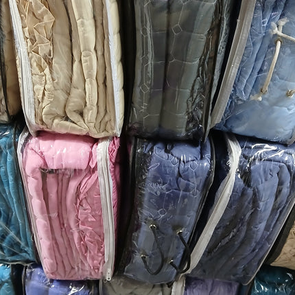 B28 - Queen 5pc Bedspread Double Frill - Stripe 90gsm - Dyed - Clearance